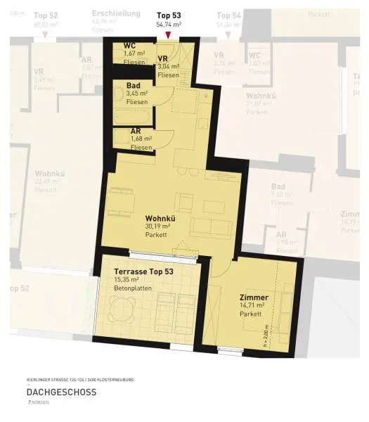 2-Zimmer-Dachterrassenwohnung Erstbezug inkl hochwertiger Küche, Außenfläche und Kellerabteil mit Blick ins Grüne - KLOSTERNEUBURG/ K126 T53