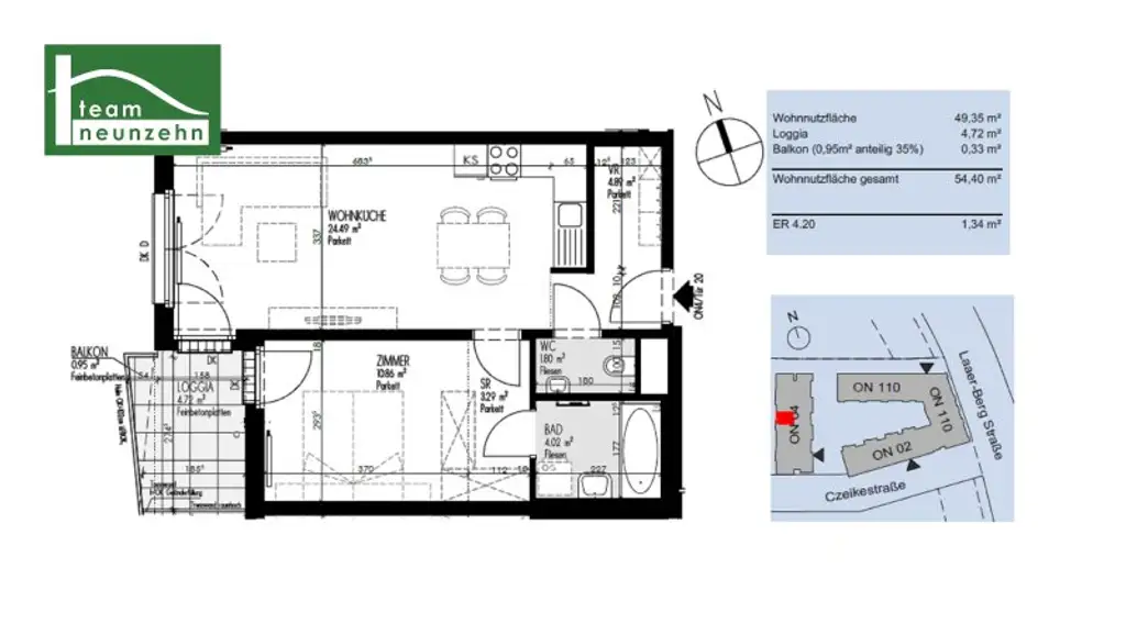 Toller 2-Zimmer Grundriss in Ruhelage in 1100 Wien
